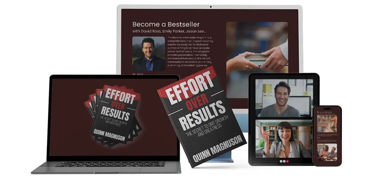 A collection of devices displaying book marketing resources and a physical book with promotional tools.