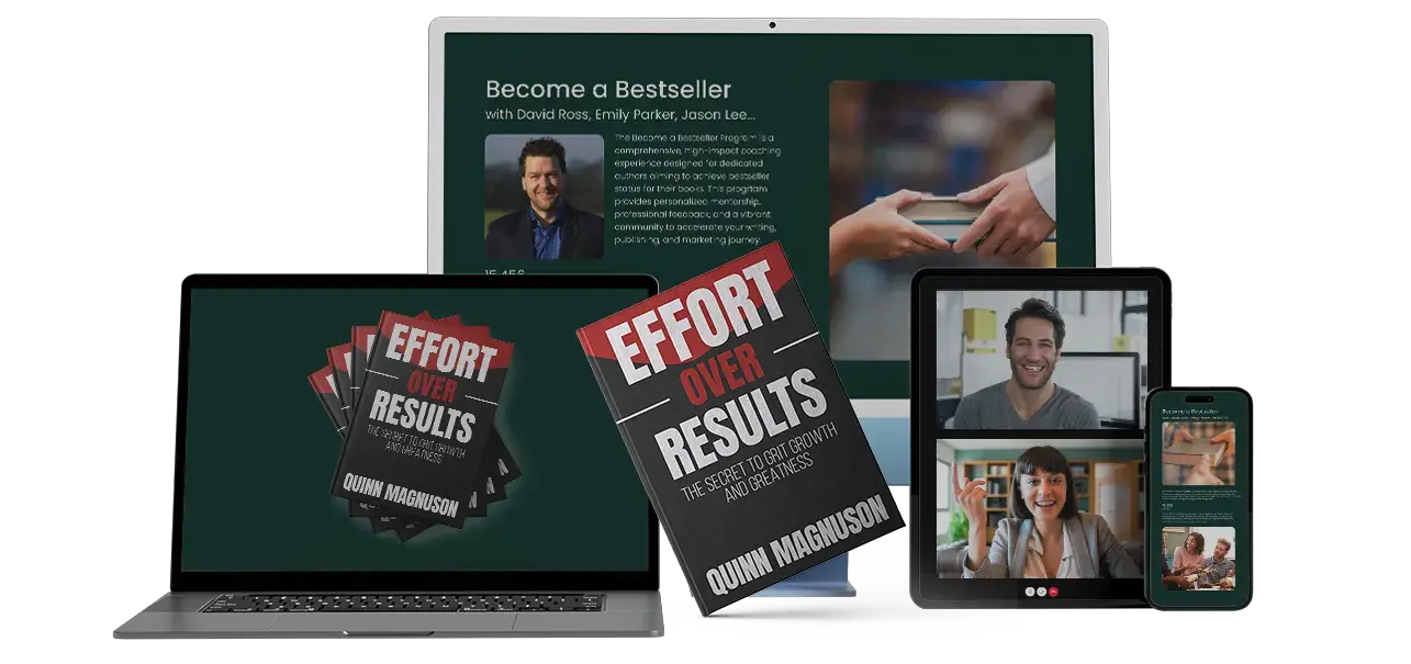 A writer’s desk with an open notebook, laptop showing writing lessons, and a published fiction book.