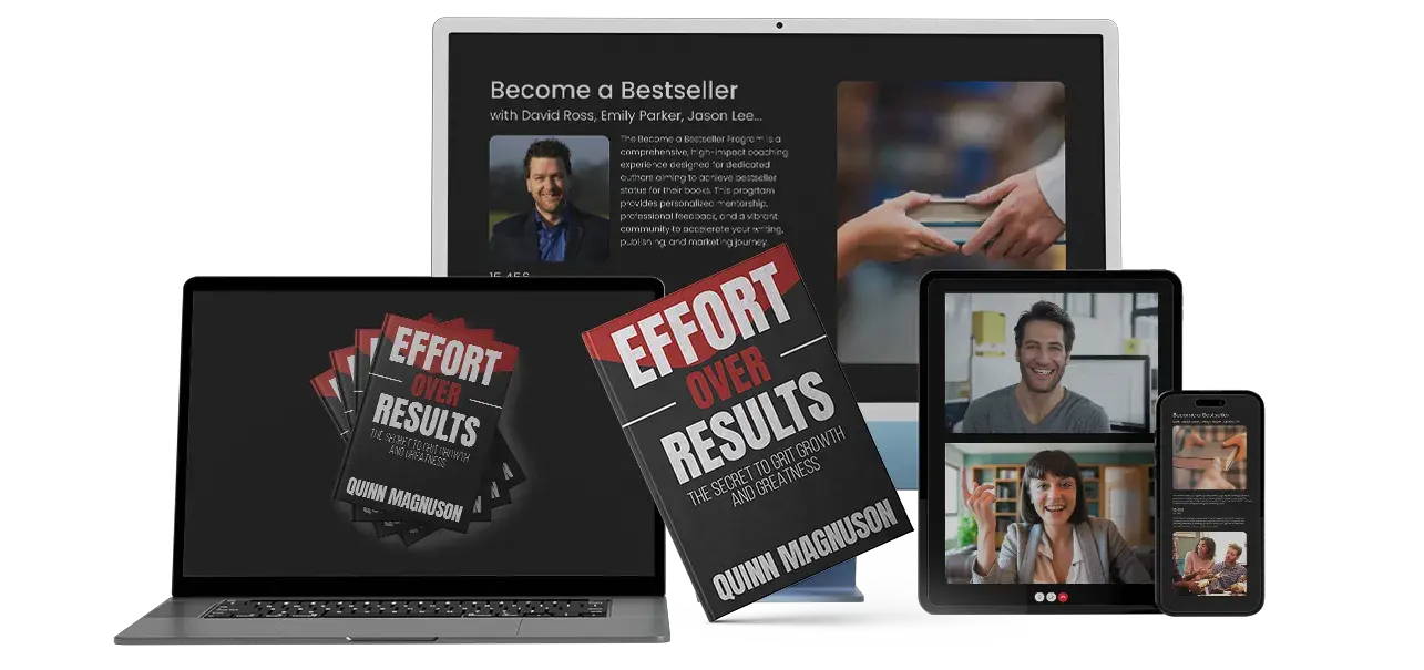 A collection of devices displaying course content and a physical book titled 'Your Own Published Book'.